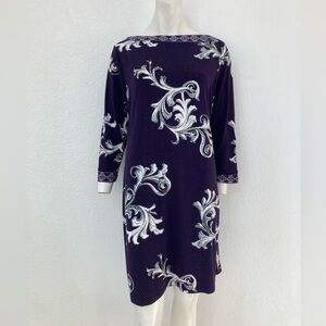 Apt 9 Boat Neck 3/4 Sleeve Knee Length Purple Shift Dress Petite Large